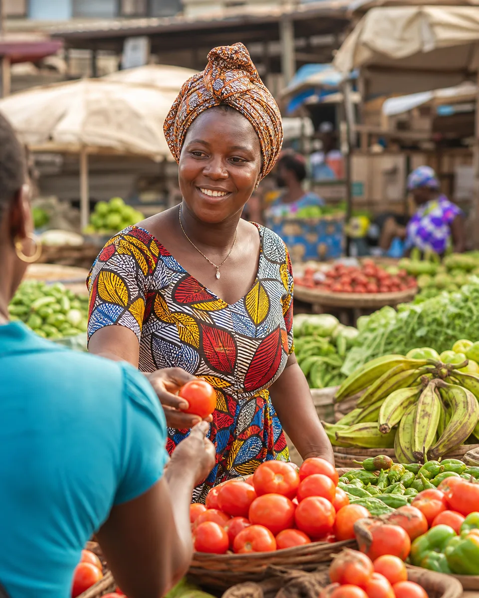 Cameroonian market woman serving a customer