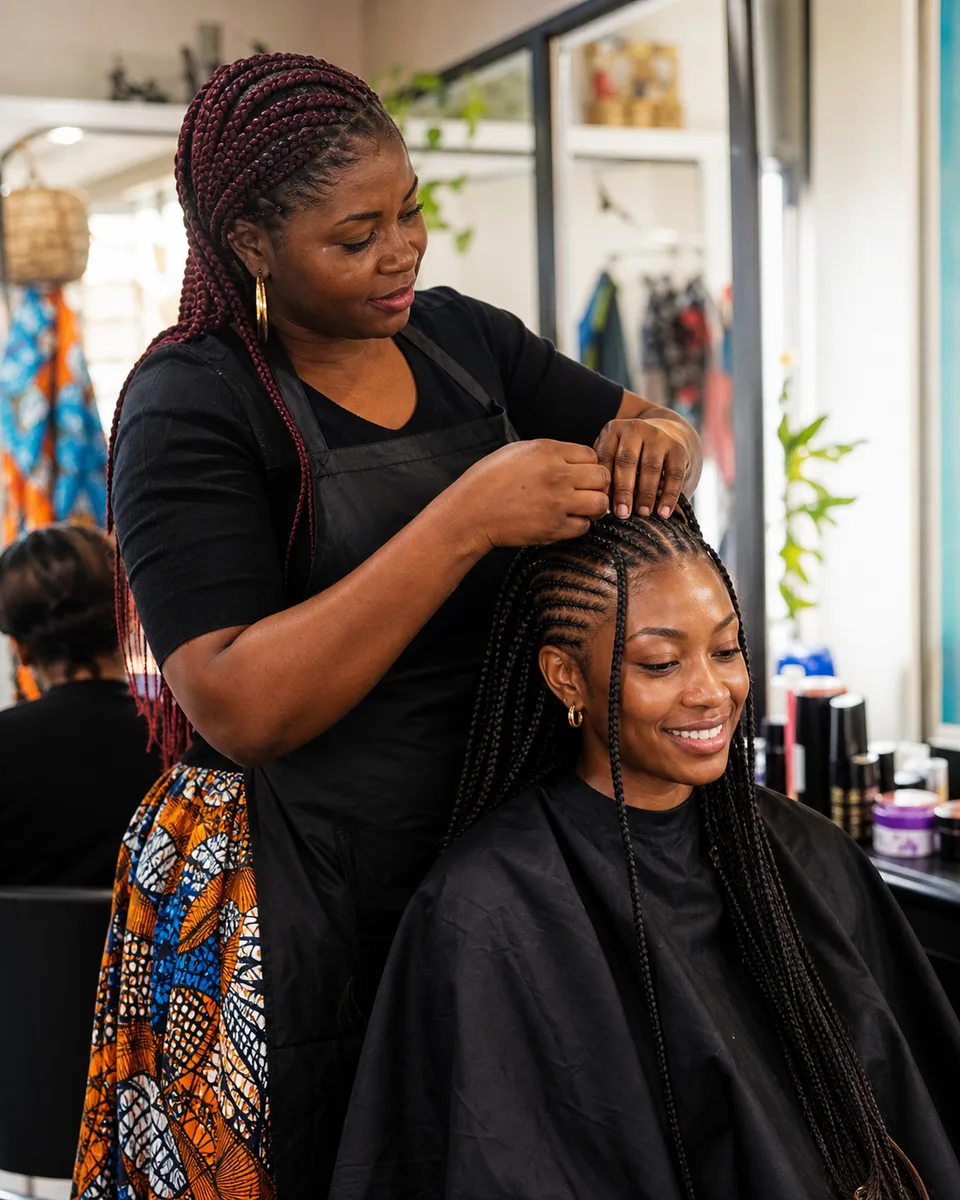 Cameroonian salon owner braiding a customer’s hair